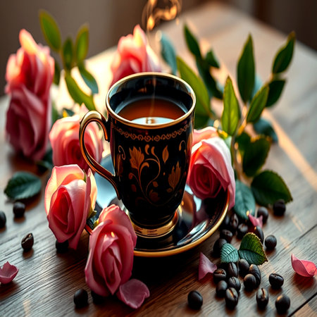 Cup of coffee with roses and coffee beans on wooden background.の写真素材