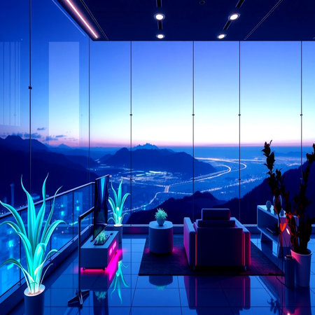 3d render of modern living room with panoramic view over the mountainsの写真素材
