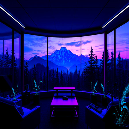 Interior of a room with a view of the mountains. 3D rendering