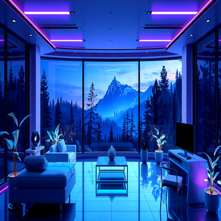 3d render of modern living room with mountain view from the window