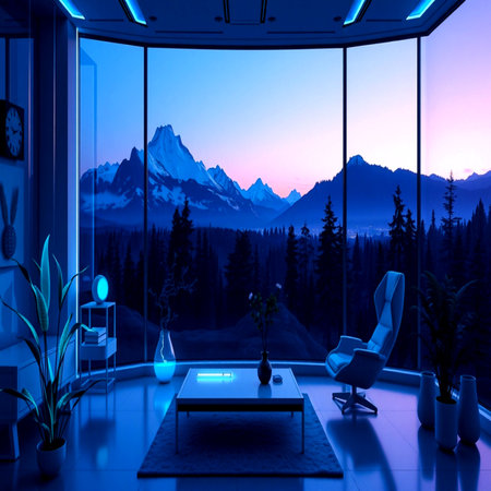 Modern interior design of a living room with the view of the mountains. 3D rendering