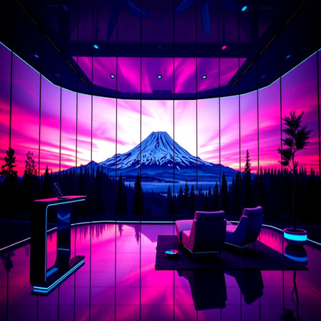3d rendering of  mountain fuji in glass room at sunset