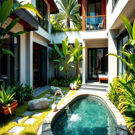 Swimming pool in luxury villa with swimming pool in tropical garden