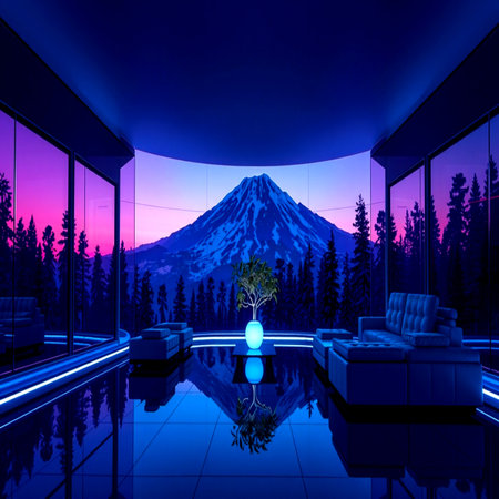 3D rendering of a modern living room with a panoramic view of Mt.Fuji
