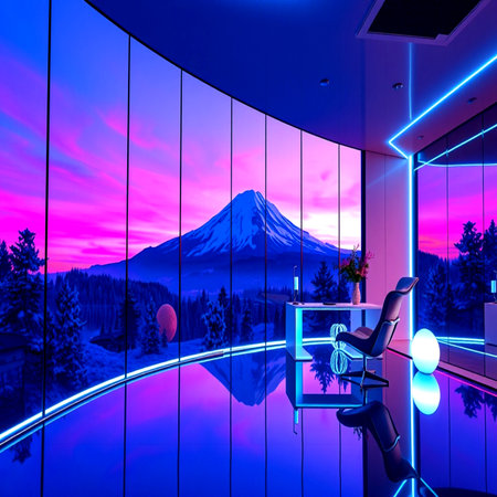 3d render of modern terrace with view on mountain fuji and blue sky at sunsetの写真素材