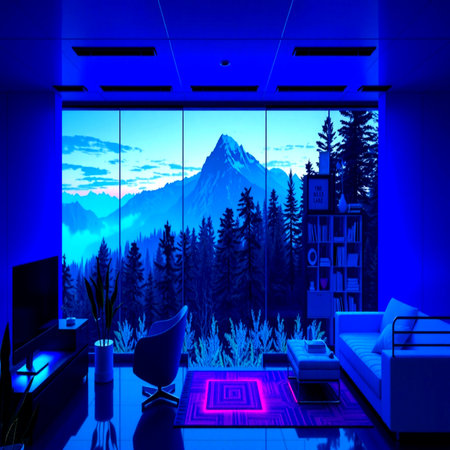 3d render of interior of modern living room with mountains view.
