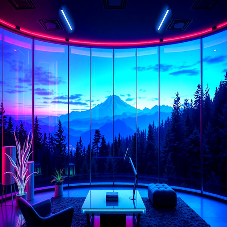 Mountain view from the window of a modern office. 3D renderingの写真素材