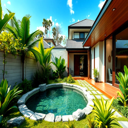 Luxury house with swimming pool in tropical garden. Northwest, USA