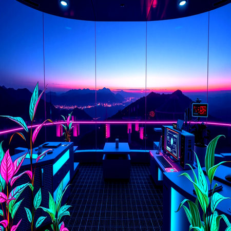 Spaceship interior with view of the mountains and the sea.