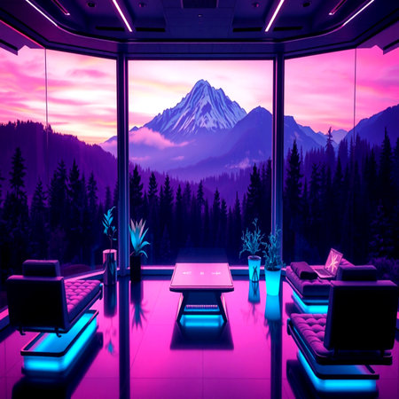 3d render of modern living room with mountain view in the background