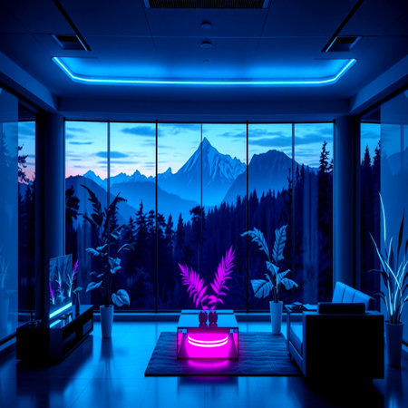 Interior of a modern living room with a panoramic view of the mountains. 3D rendering