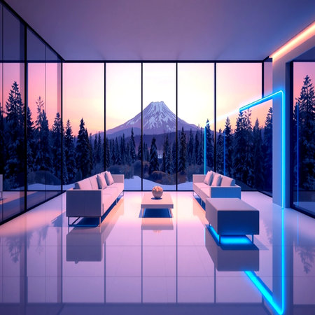3d Illustration of a modern living room with a view of the mountains