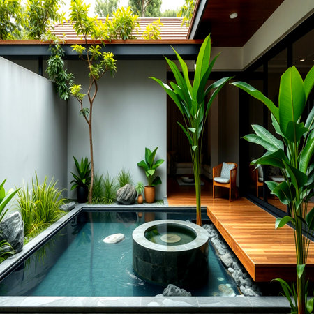 Swimming pool in luxury house, interior design concept. Nobody inside