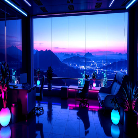 Interior of an office at night with a view of the city