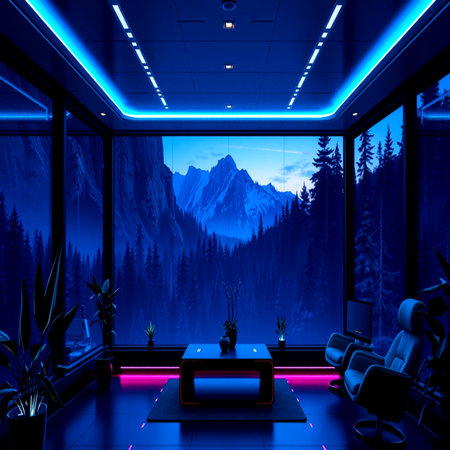 interior of a modern office with a panoramic view of the mountains