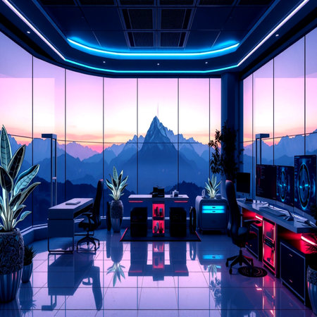3D rendering of the interior of a modern office with a beautiful view