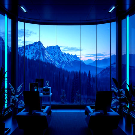 Interior of a modern office with a panoramic window overlooking the mountains