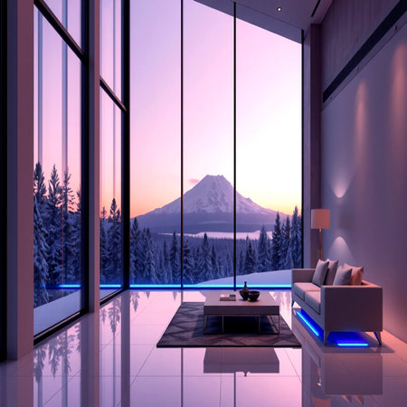 3d render of a modern living room with a view of Mt. Fujiの写真素材