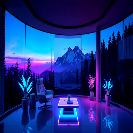 3D Illustration of a modern living room with a view of the mountains