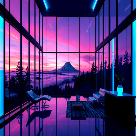 3d rendering of a modern living room with a panoramic view of the mountains