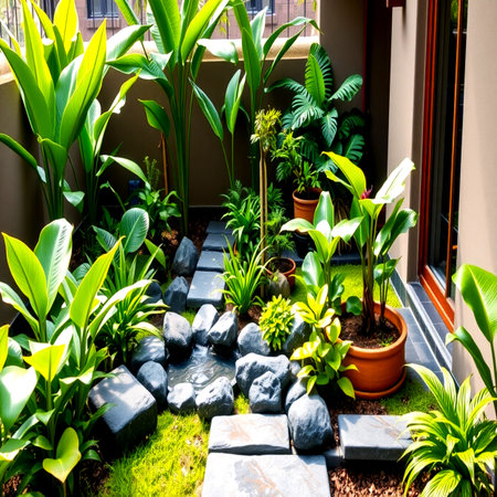 Garden stone walkway and flower pot decoration in cozy home garden.