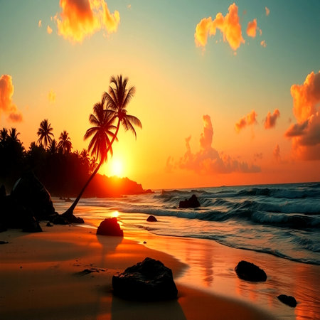 Tropical beach with palm trees at beautiful sunset. Nature backgroundの写真素材