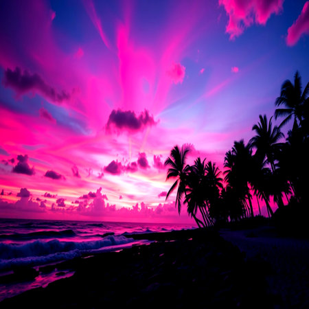 Beautiful tropical sunset on the beach. Colorful sky with clouds.の写真素材