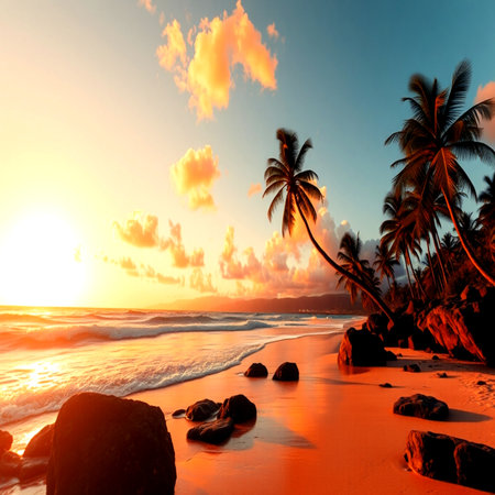 Tropical beach at sunset with palm trees. 3d render