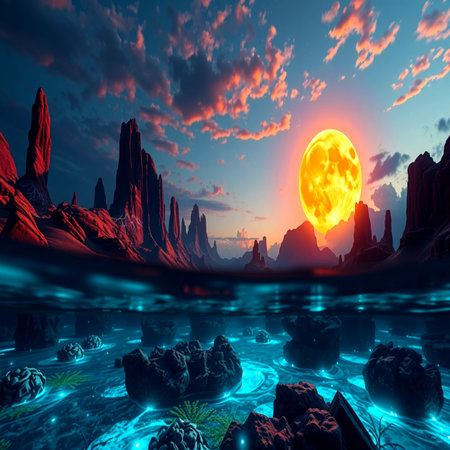 Fantasy alien planet. Mountain and lake. 3D illustration.