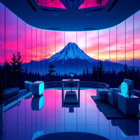 3d render of mountain and living room at sunset.の写真素材