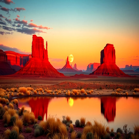 Monument Valley at sunset, Navajo Tribal Park, Arizona, USAの写真素材