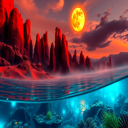 Fantasy alien planet. Mountain and sea. 3D illustration.の写真素材