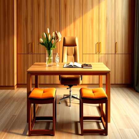 Modern wooden office interior. 3D render. Workplace concept.