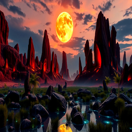 Fantasy landscape with red planet. 3D illustration. Fantasy.の写真素材