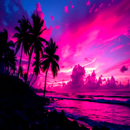 Beautiful tropical sunset on the beach with palm trees silhouettes.の写真素材