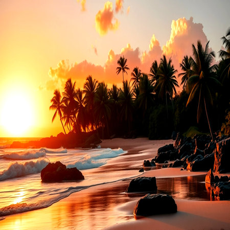 Tropical beach with palm trees at sunset, Seychelles
