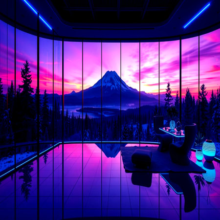 3d render of mountain at sunrise in the interior of the room