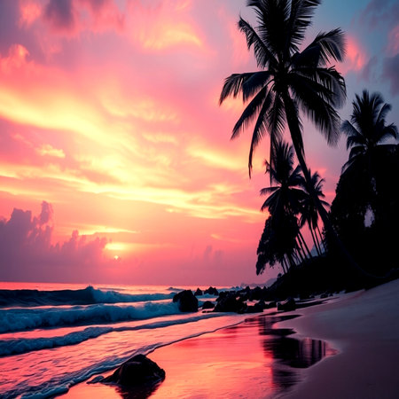 Tropical beach with palm trees at beautiful sunset in Sri Lankaの写真素材