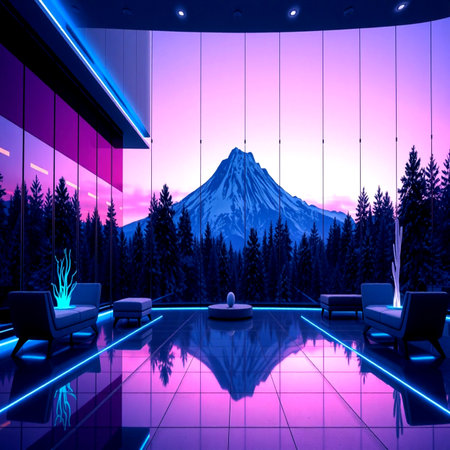 3d render, Interior of a modern hotel with mountains in the background