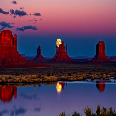 Moon rising over Monument Valley in Navajo Tribal Lands of Arizona and Utah USAの写真素材