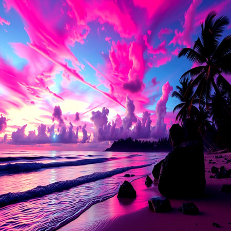 Tropical beach at beautiful sunset. Nature background. 3d renderの写真素材
