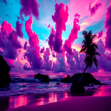 Tropical sunset on the beach. Colorful sky with clouds.の写真素材