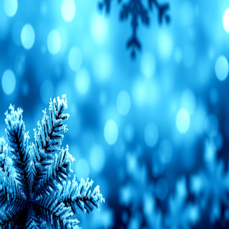 Christmas background with snowflakes on blue bokeh background.の写真素材