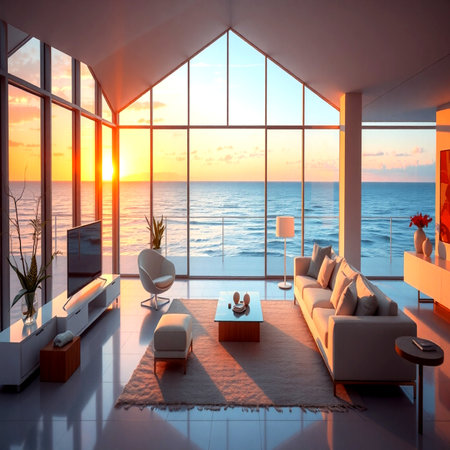 3d rendering of modern bright interiors living room with sea viewの写真素材