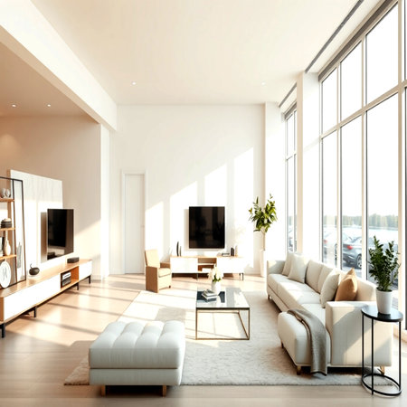 modern bright interiors apartment living room 3D rendering computer generated imageの写真素材