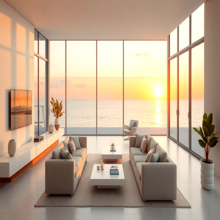 Interior of modern living room with sea view. 3d renderの写真素材