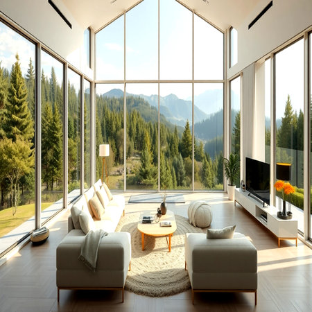 interior modern house, living room view from the window, 3d renderの写真素材