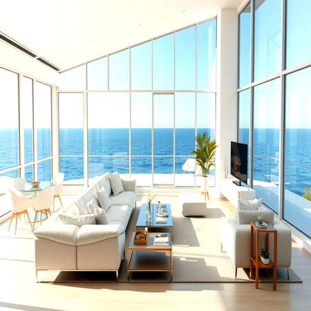 Luxury living room with sea view. 3d rendering.の写真素材