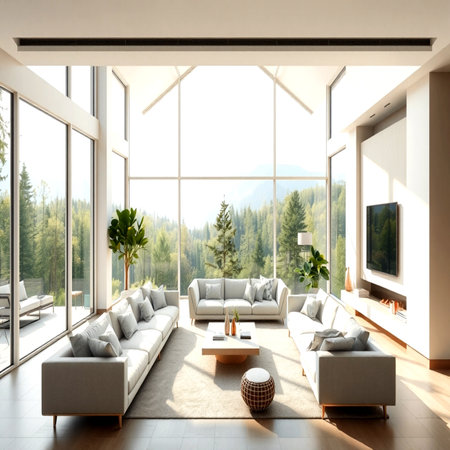 interior of modern bright living room with panoramic window viewの写真素材