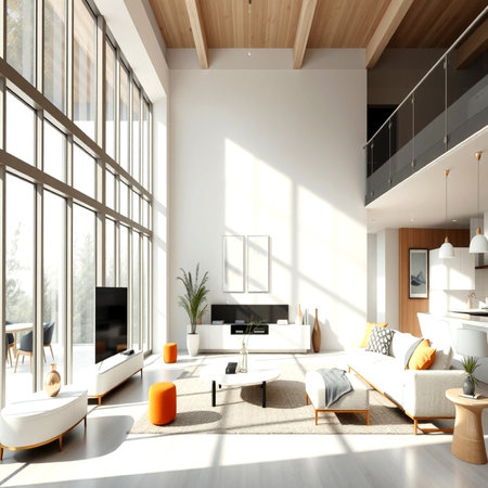 Interior of modern bright living room with white walls, wooden floor, white sofa and coffee table. 3d renderingの写真素材